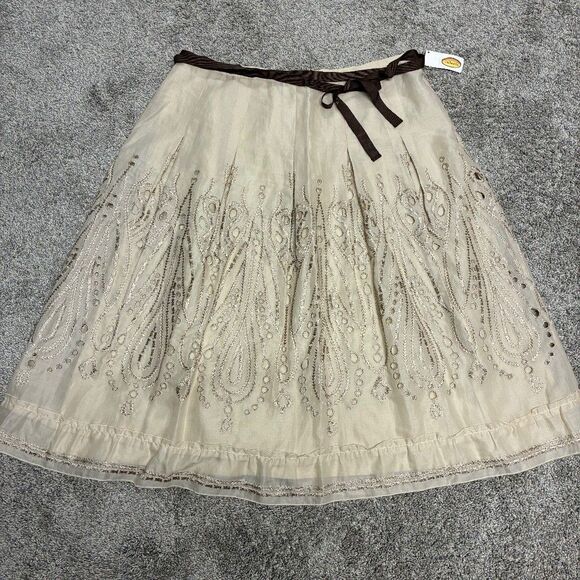 Talbots Dresses & Skirts - Talbots Cotton Lace Embroidered Skirt Size 14 Beige Boho Lined A-Line Ribbon Tie